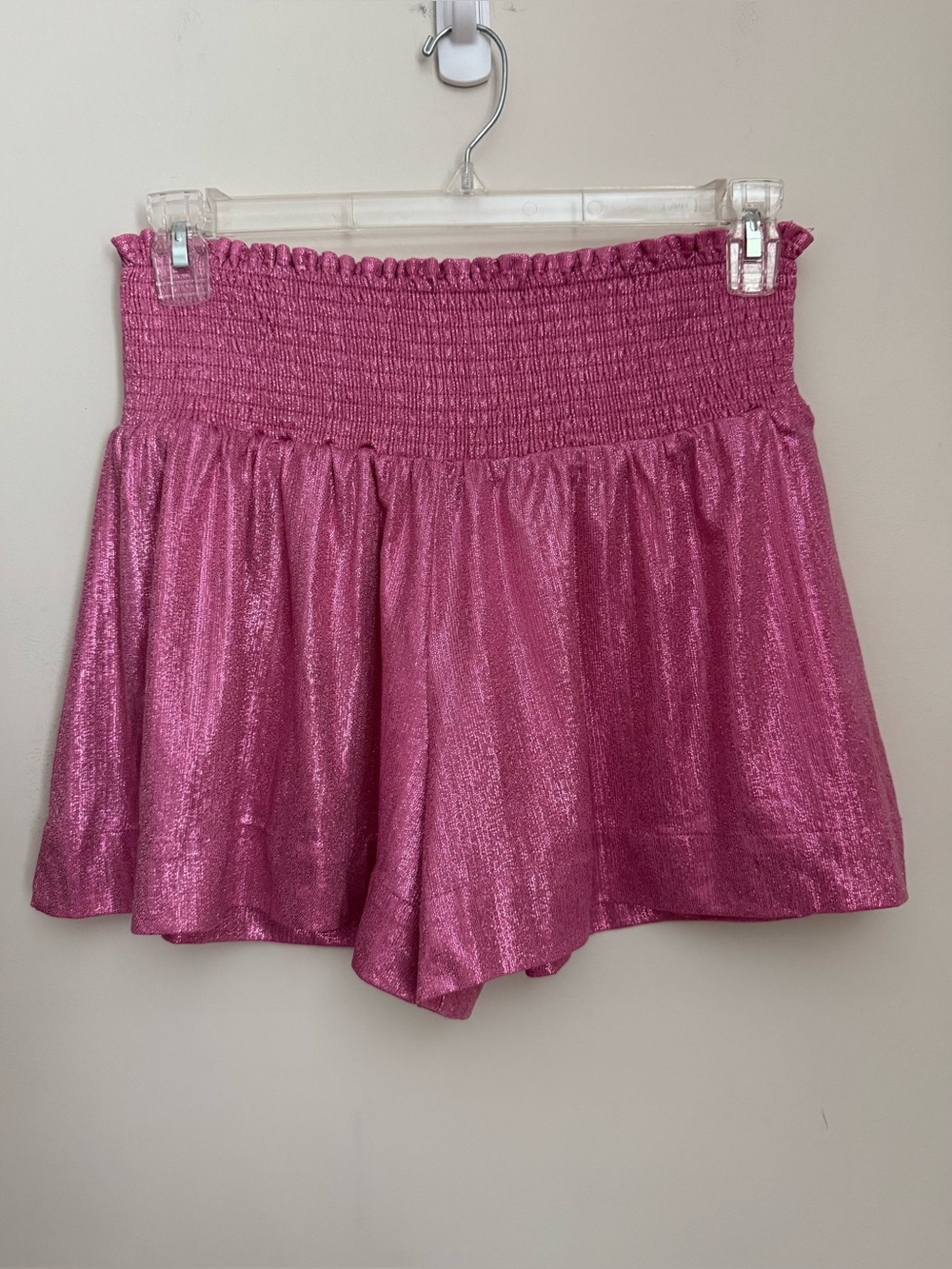 TCEC Metallic Shimmer Flowy Shorts Womens Medium Pink Smocked High Rise Pull On